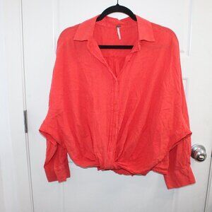 Y.F.B Button Down Twisted Front Long Sleeve Shirt Orange Medium Dolman Sleeve